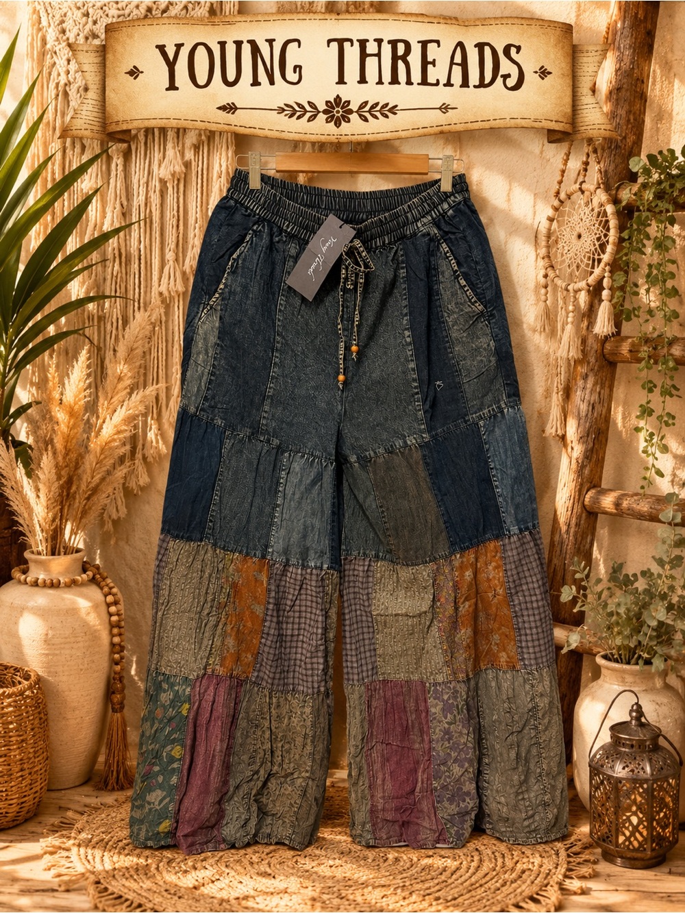 Young Threads Women's Patchwork Wide Leg Pants - Multi Denim